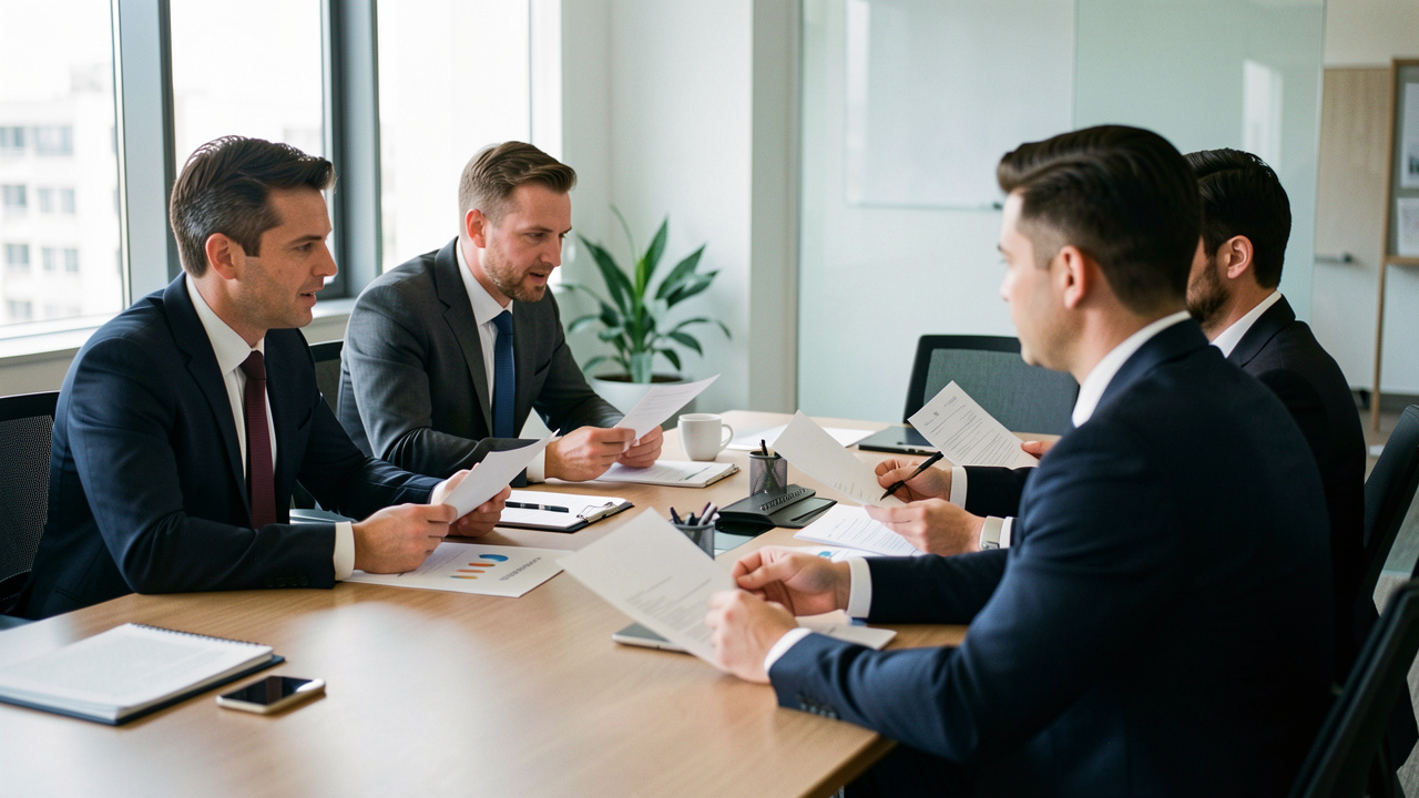 Réunion de dirigeants dans une salle de conférence d’entreprise moderne, ambiance professionnelle, lumière naturelle depuis les fenêtres.