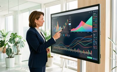 Une dirigeante analyse un tableau financier abstrait illustrant plusieurs sources de financement dans un bureau moderne et lumineux.