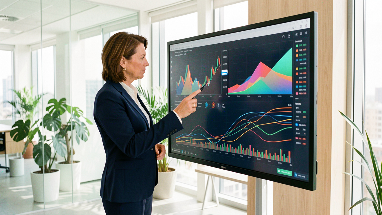 Une dirigeante analyse un tableau financier abstrait illustrant plusieurs sources de financement dans un bureau moderne et lumineux.