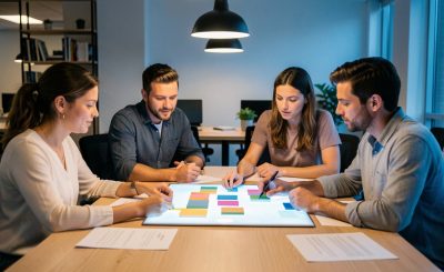 Quatre fondateurs, deux femmes et deux hommes, réunis autour d’une table avec des documents financiers vierges et un tableau de stratégie lumineux.