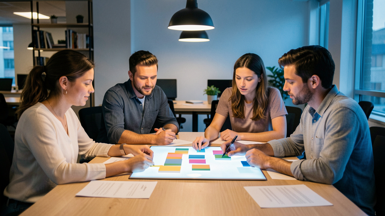 Quatre fondateurs, deux femmes et deux hommes, réunis autour d’une table avec des documents financiers vierges et un tableau de stratégie lumineux.