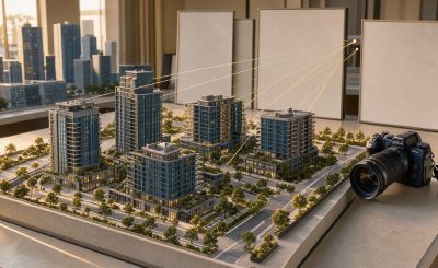 Maquette architecturale d’un programme immobilier moderne accompagnée d’un appareil photo et de connexions lumineuses symbolisant la visibilité et la croissance commerciale.