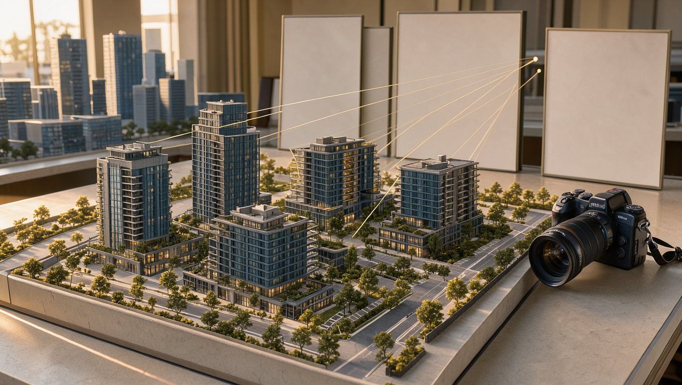 Maquette architecturale d’un programme immobilier moderne accompagnée d’un appareil photo et de connexions lumineuses symbolisant la visibilité et la croissance commerciale.